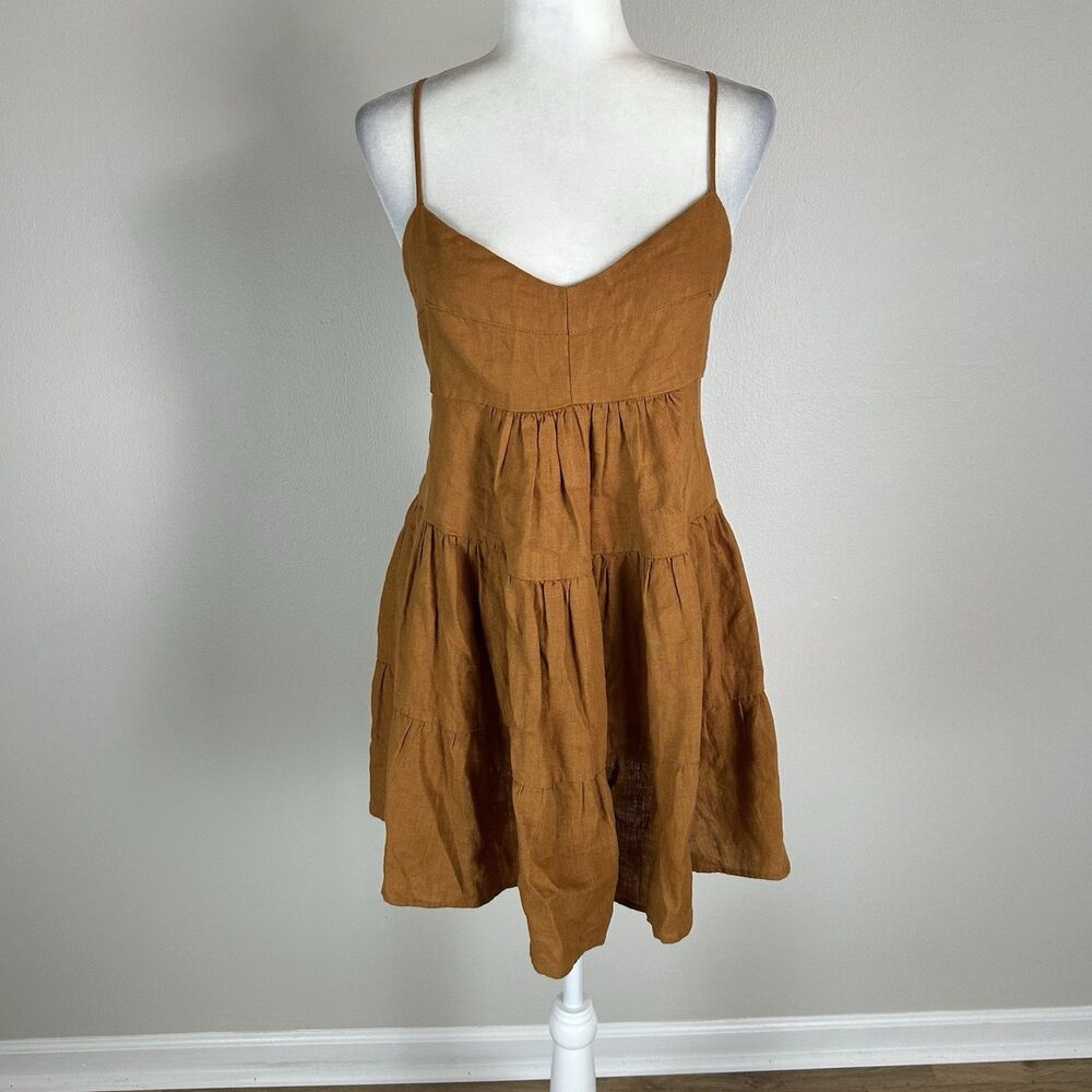 Boutique Mini Dress Linen Brown Mini L Sun Summer Tiered Pleated Natural Gold